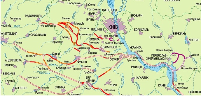 Map showing Zmiyiv Ramparts defensive system around ancient Kyiv — multiple defensive lines